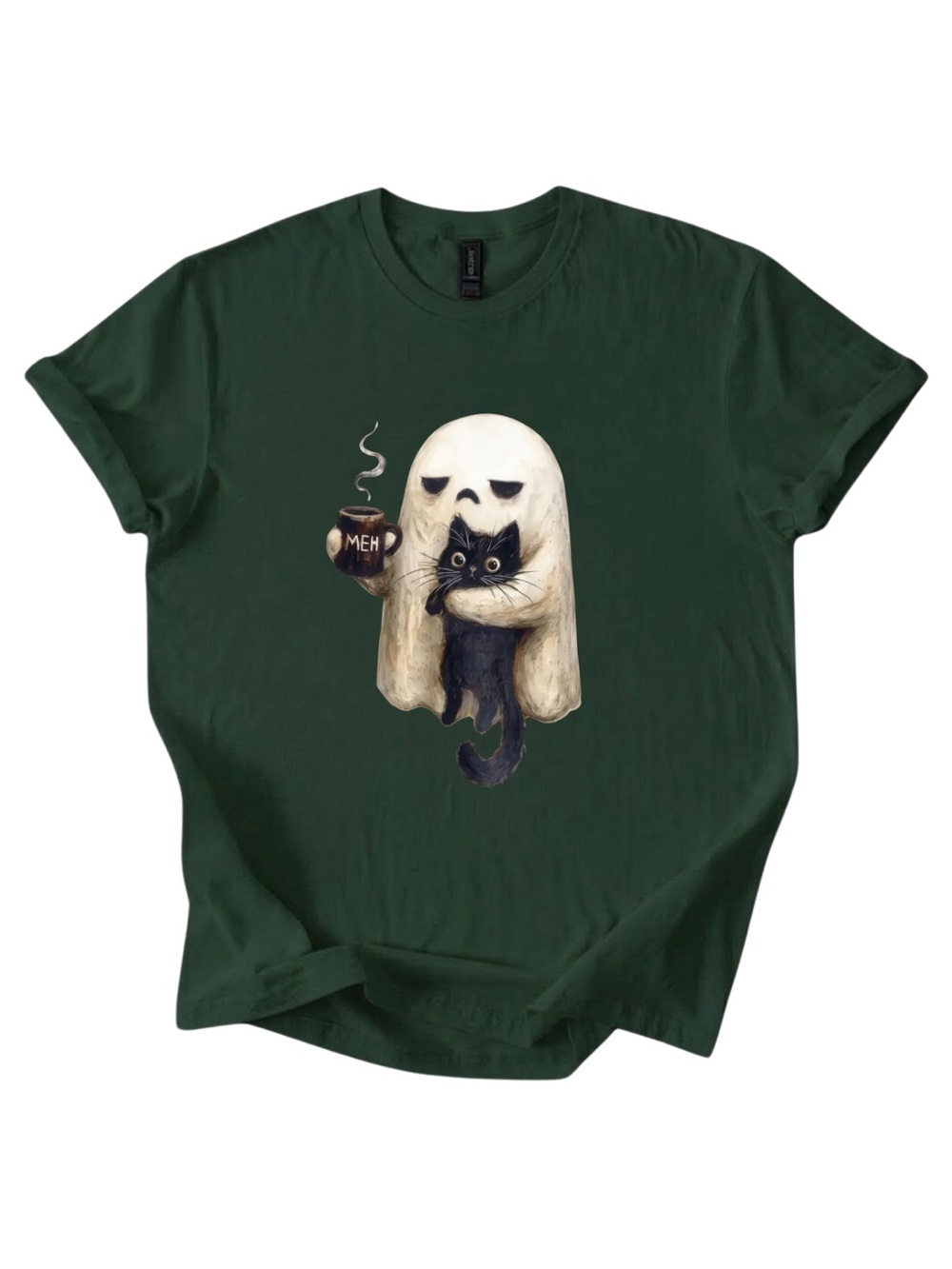 Gildan Casual Green Cat Ghost Graphic Tee